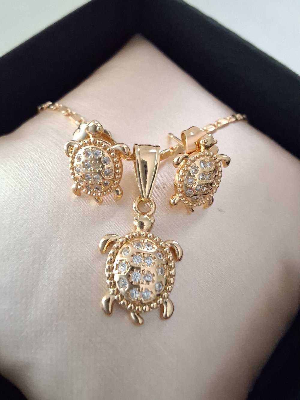 Gold Turtle Pendant Necklace and Stud Earrings Set - Women Jewelry